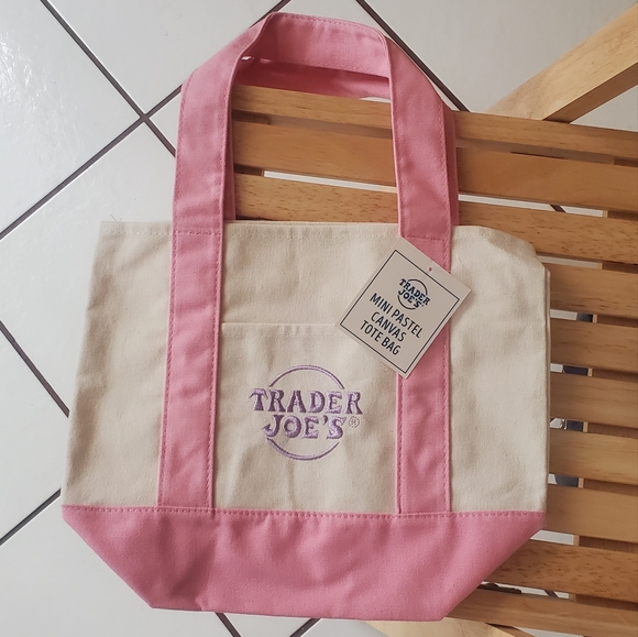 Trader Joe's Mini Tote-SPRING COLORS Pink and Cream Canvas Tote Bag - Picture 1 of 2
